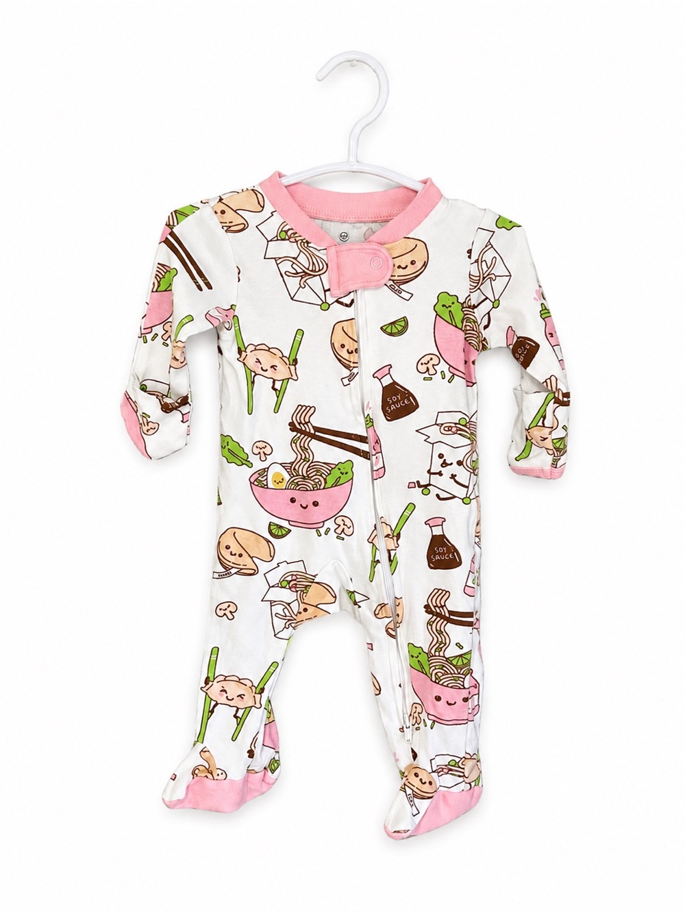The Honest Company White Footed One-Piece with Pink Trim and Kawaii Ramen Print
